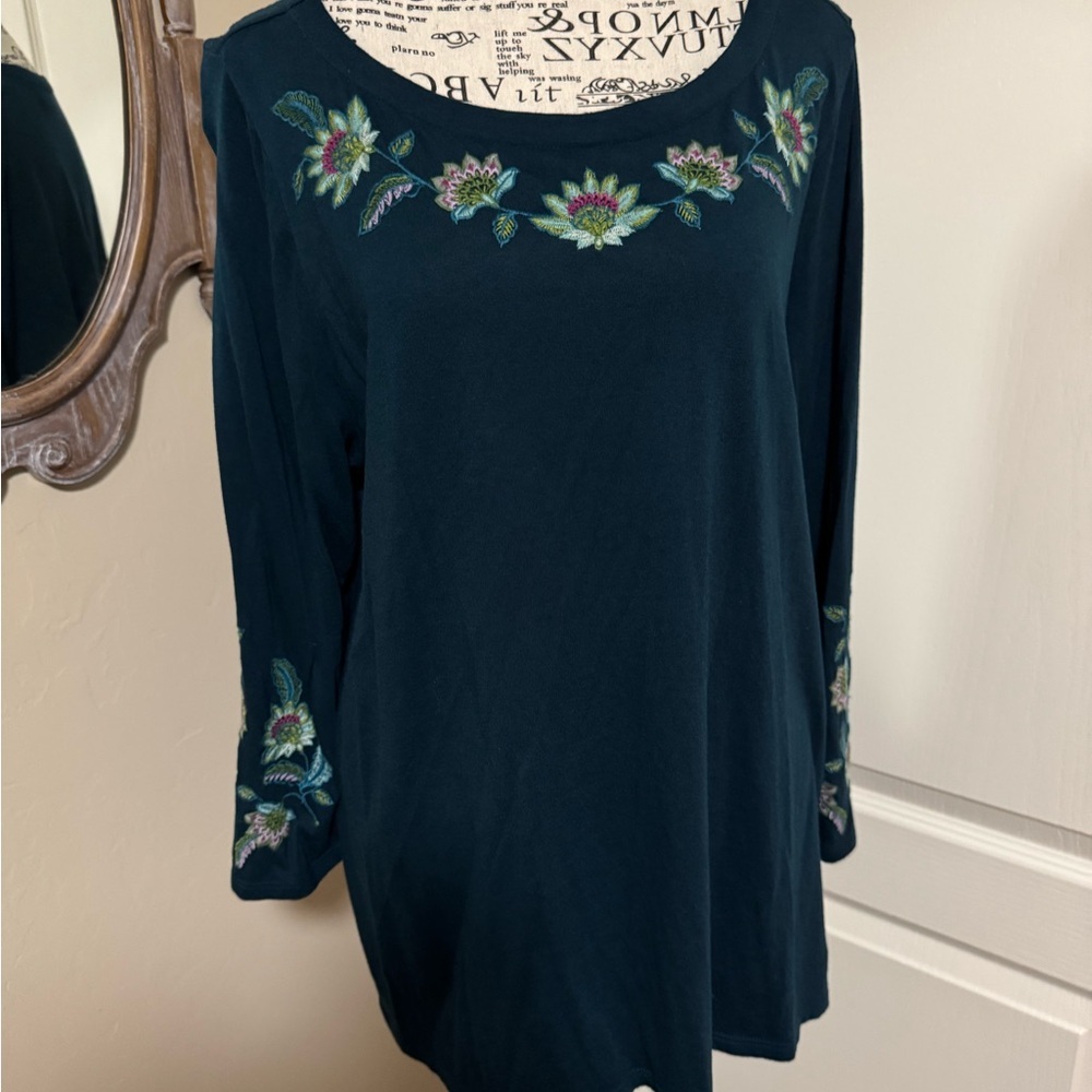 Embroidered Floral Teal Top Boho Chic Blouse